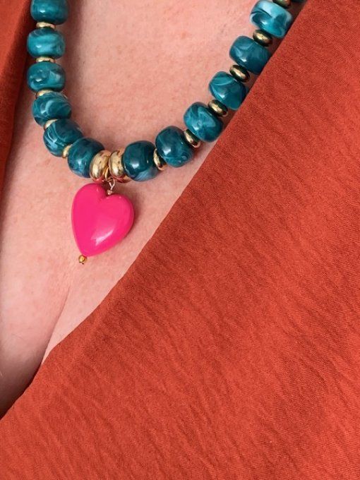 Collier GISÈLE coeur rose fuchsia- Collier de perles coloré fait main