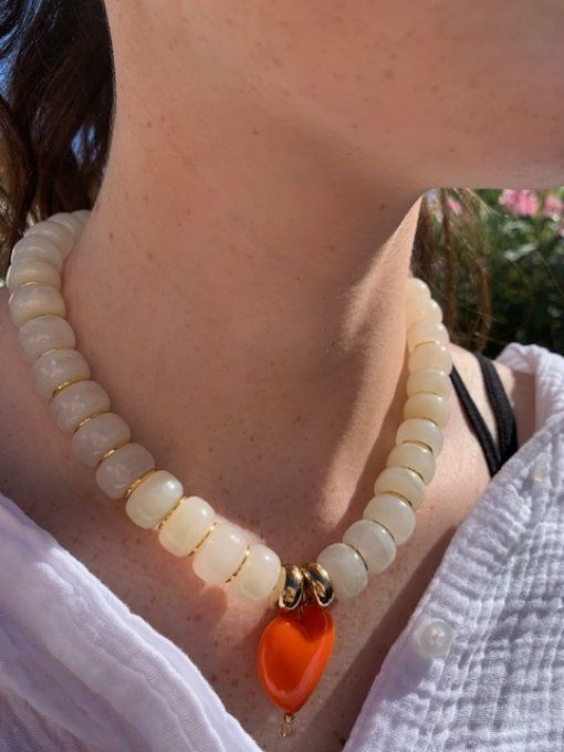 Collier GISÈLE coeur orange - Collier  de perles coloré fait main