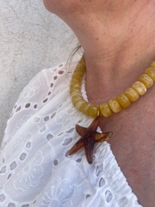 COLLIER PERLES RONDELLES TERRACOTA - ETOILE DE MER BLANC MARBRE- COLLIER SIMONE
