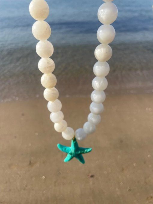COLLIER PERLES RONDES ACRYLIQUE BUBBLE ETOILE DE MER  TURQUOISE