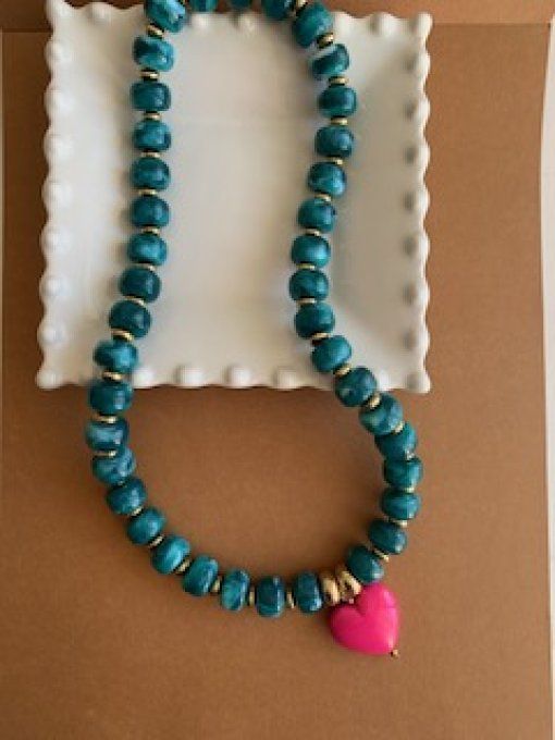 Collier GISÈLE coeur rose fuchsia- Collier de perles coloré fait main