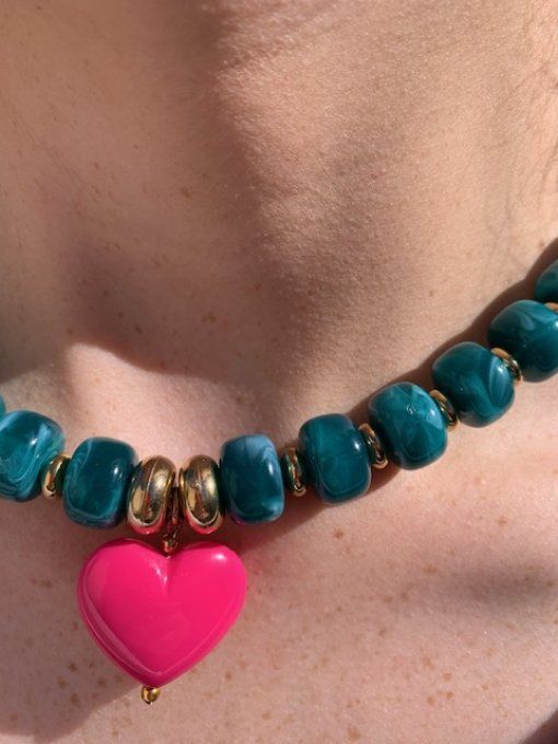 Collier GISÈLE coeur rose fuchsia- Collier de perles coloré fait main