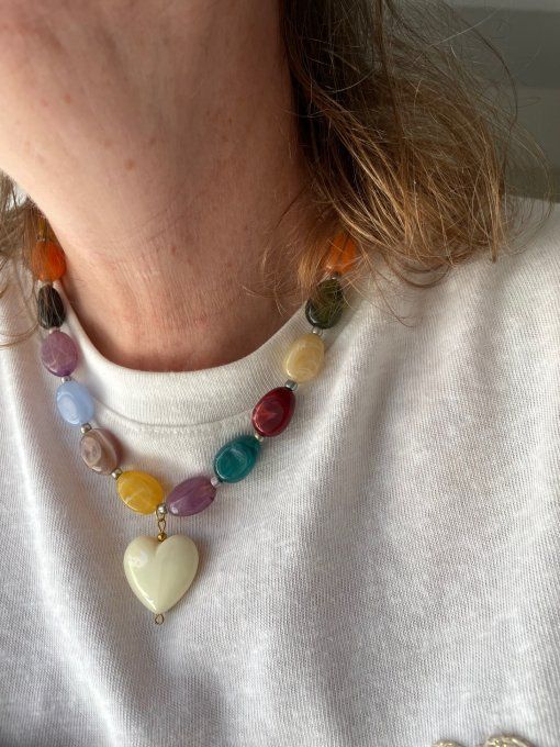 COLLIER PERLES OVALES+ COEUR CREME COLLIER EVE
